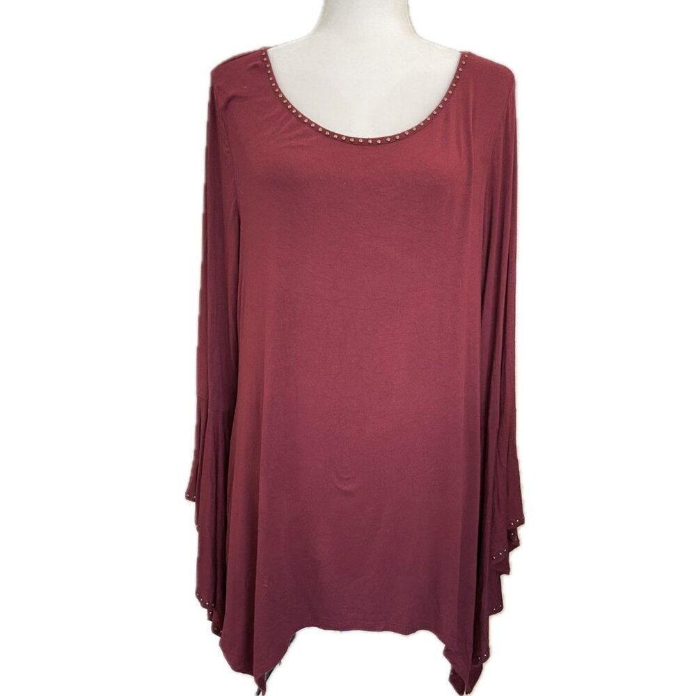 RAIN Whimsy Goth, Boho Long Sleeve Studded Blouse w Bell Sleeves